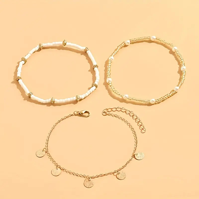 Ensemble de 3 bracelets de cheville charme côtier | Or
