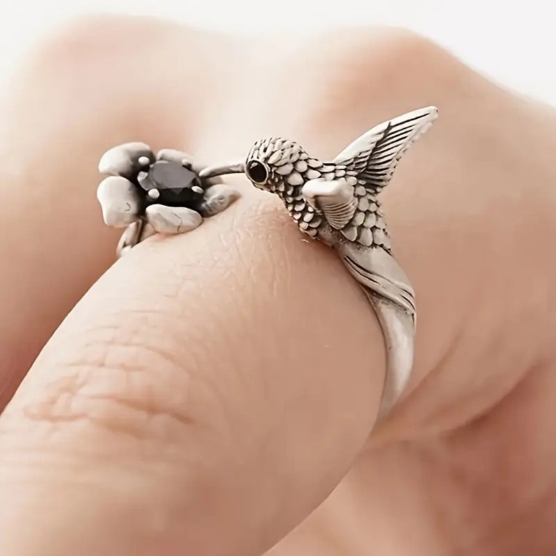 Bague colibri et fleur – bague ouverte réglable en forme d'oiseau pour femmes