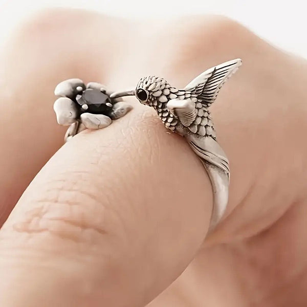 Bague colibri et fleur – bague ouverte réglable en forme d'oiseau pour femmes