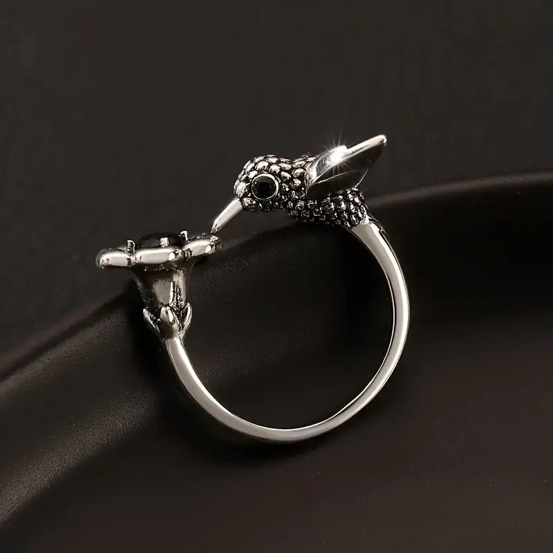 Bague colibri et fleur – bague ouverte réglable en forme d'oiseau pour femmes