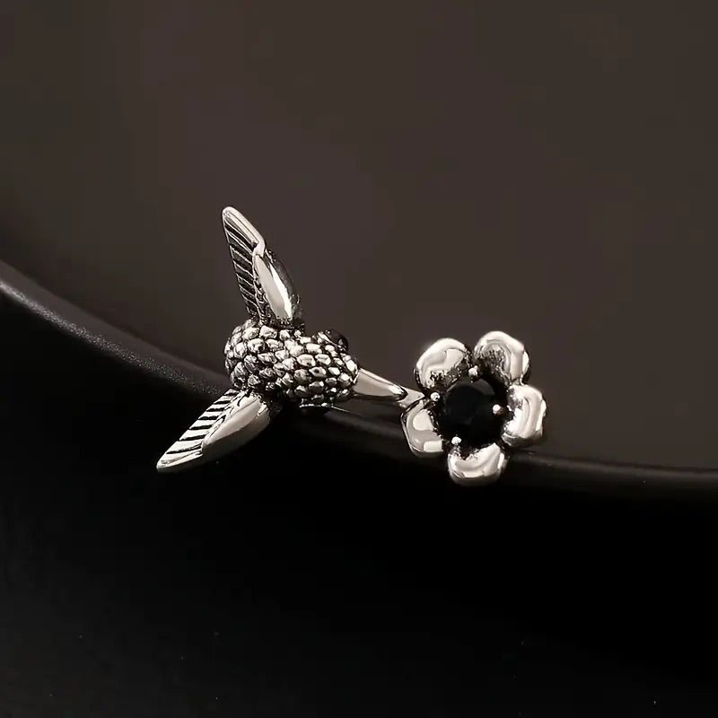 Bague colibri et fleur – bague ouverte réglable en forme d'oiseau pour femmes