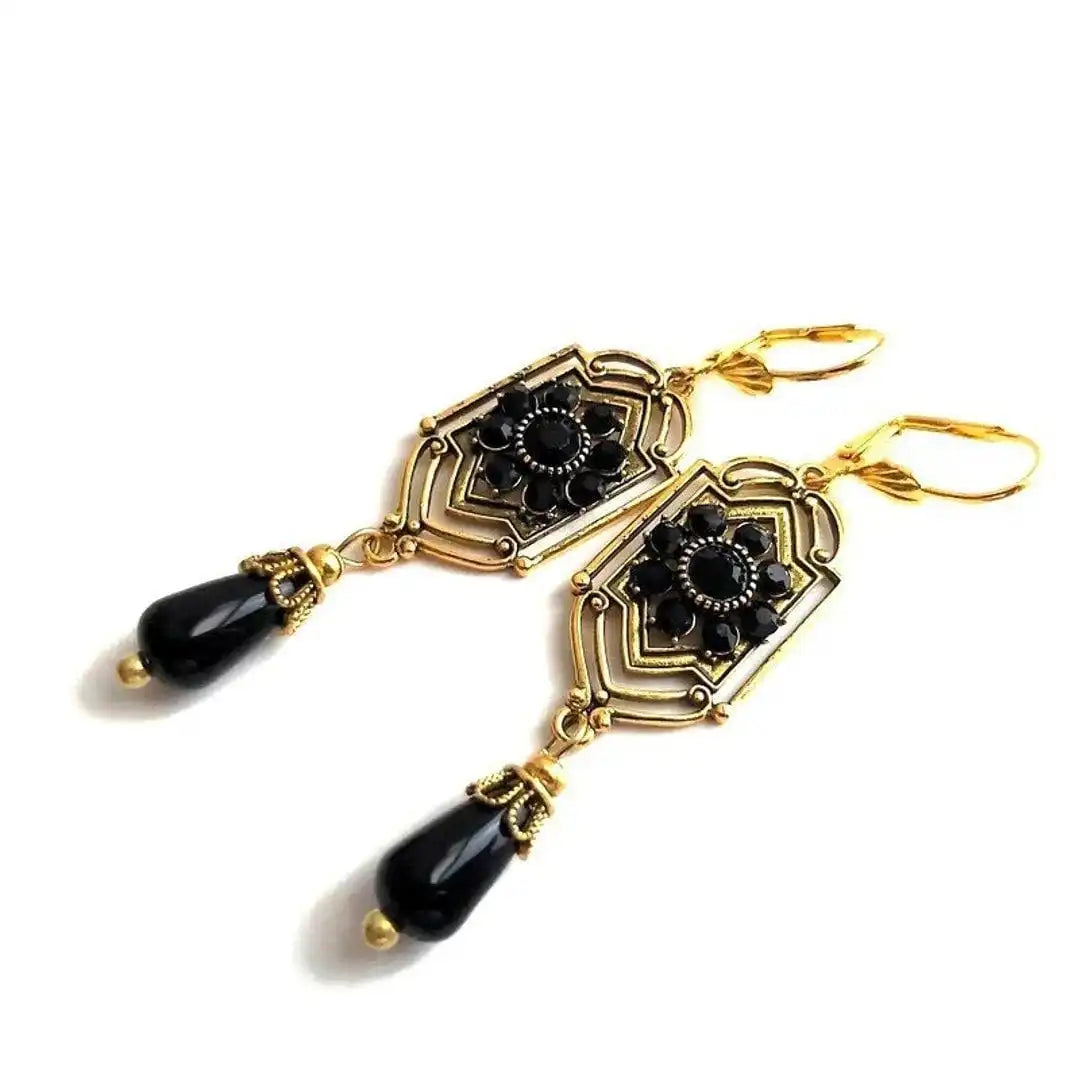 Boucles d'oreilles en cristal noir en forme de goutte