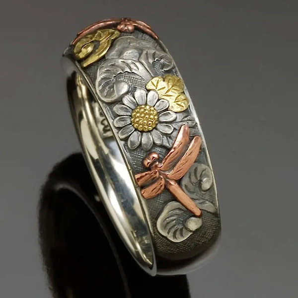 Bague vintage en forme de libellule avec tournesol