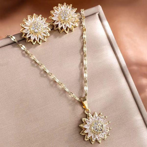 Collier et boucles d'oreilles en zirconium en forme de tournesol argenté tendance