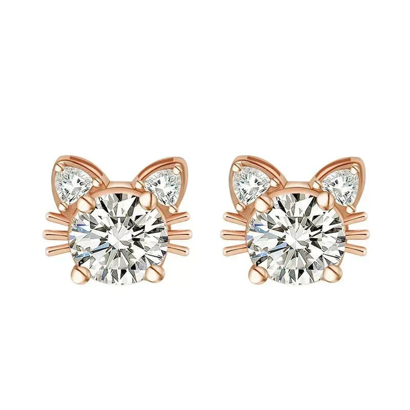 Boucles d'oreilles en argent sterling 925 avec chat en moissanite et or rose