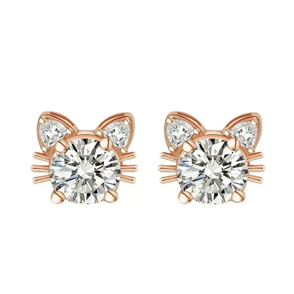 Boucles d'oreilles en argent sterling 925 avec chat en moissanite et or rose