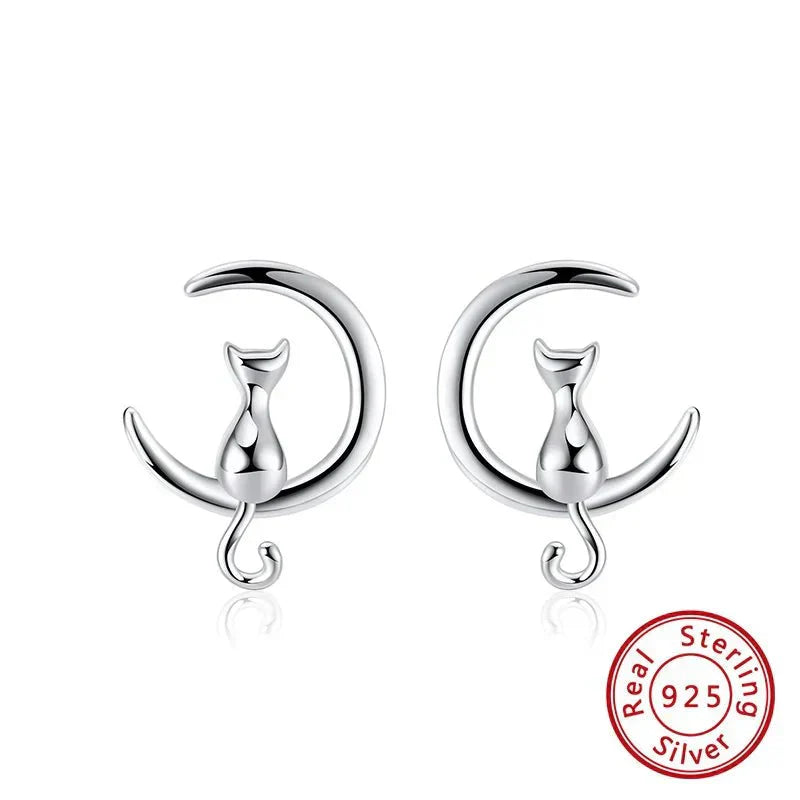 Boucles d'oreilles en argent sterling avec des boutons de chat et de lune