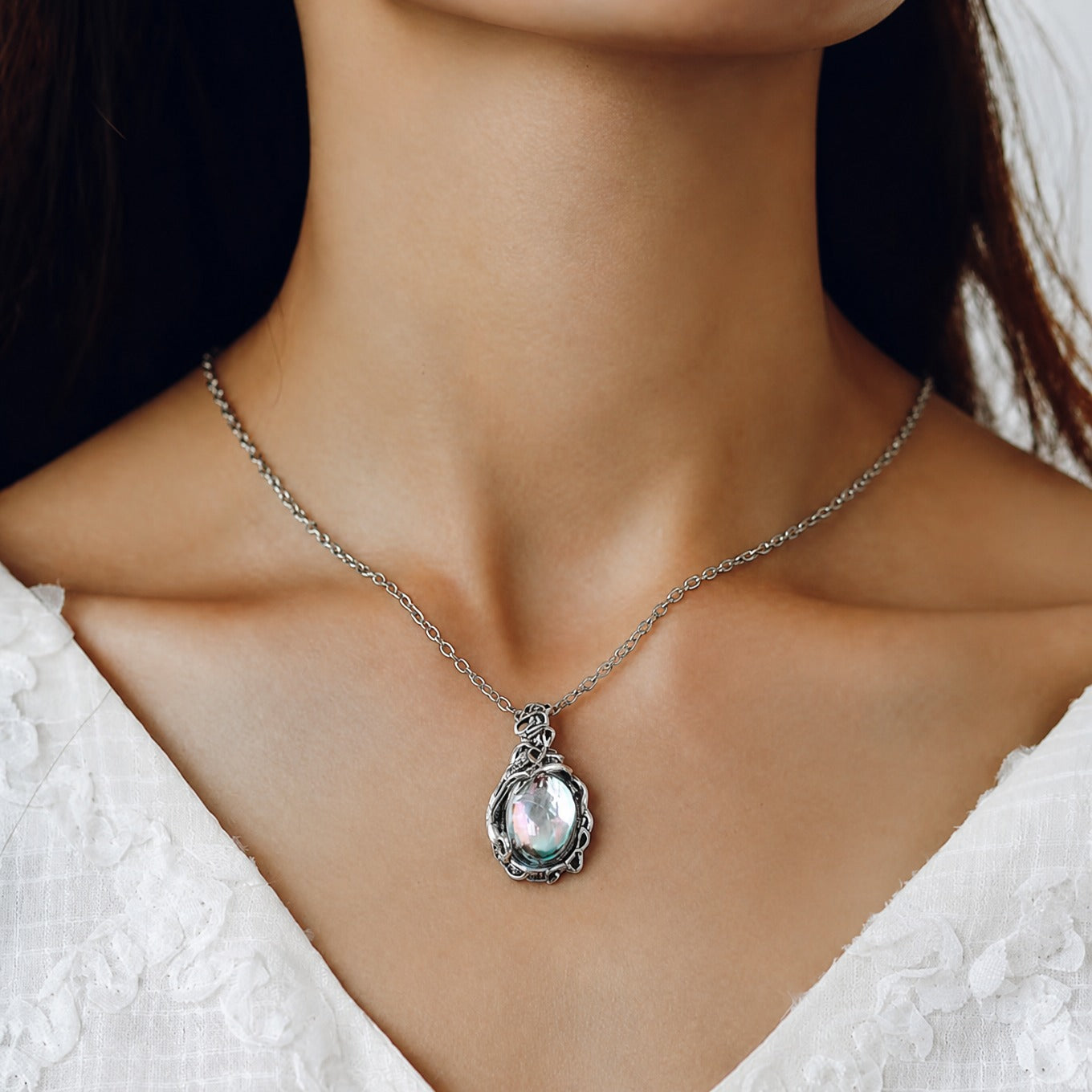 Collier en Quartz Aura Argent Antique