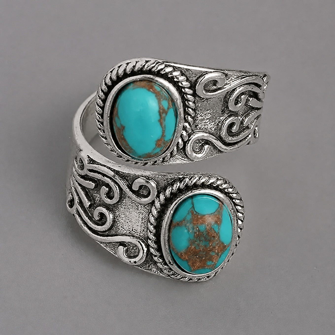 Bague Croisée Vintage Argentée Turquoise