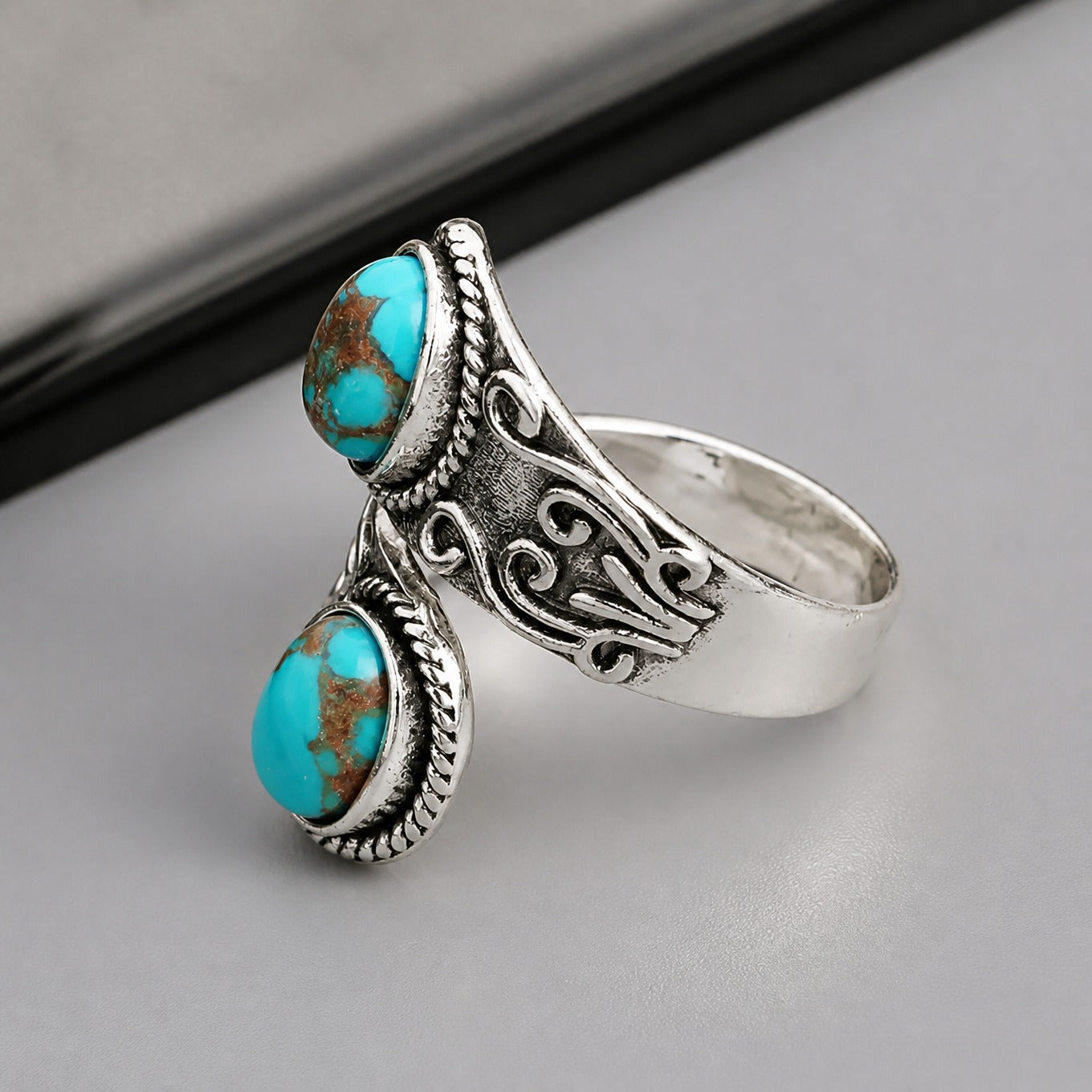 Bague Croisée Vintage Argentée Turquoise