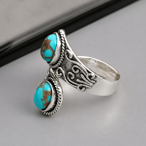 Bague Croisée Vintage Argentée Turquoise