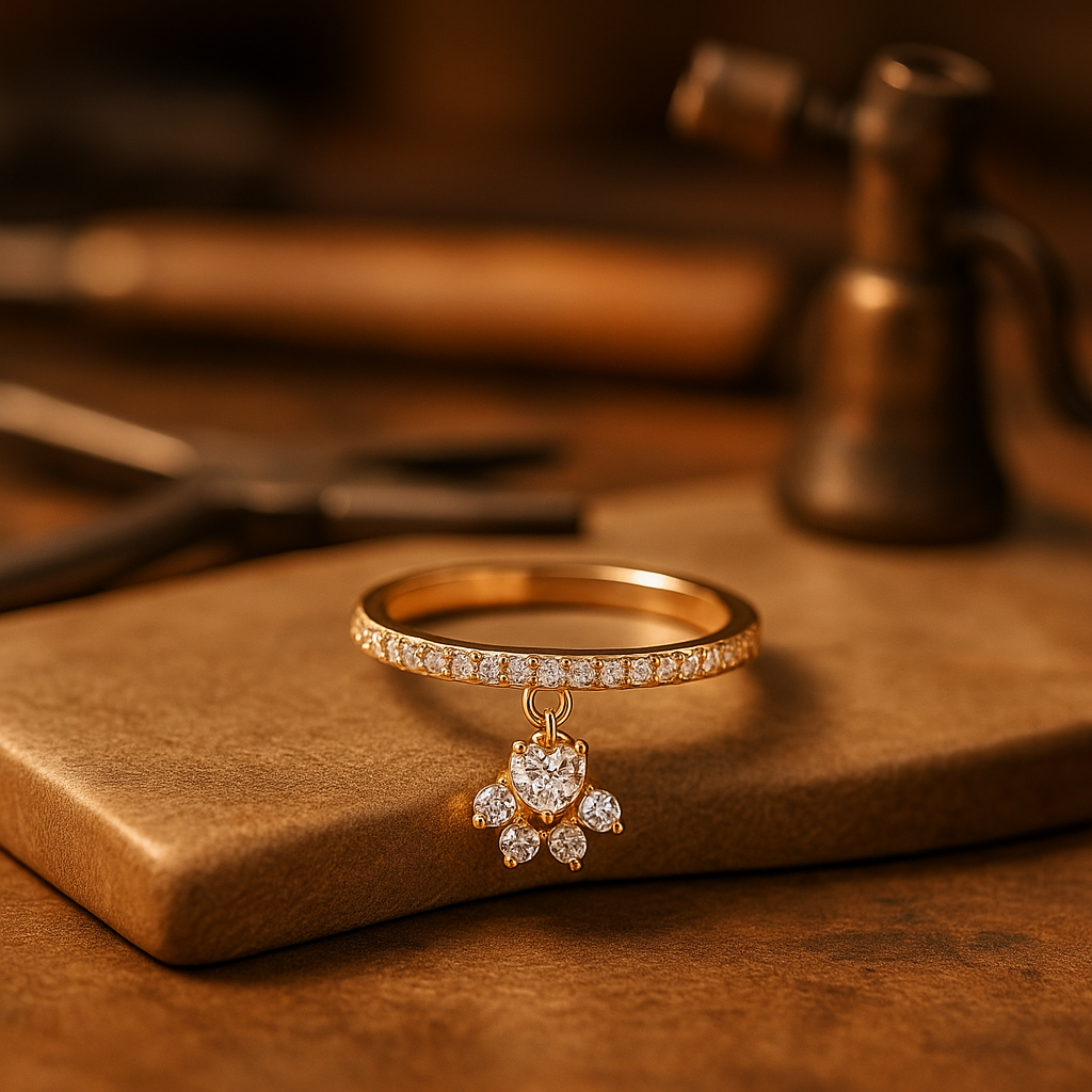 Bague vintage chat patte et cœur en pierre – doré et argenté