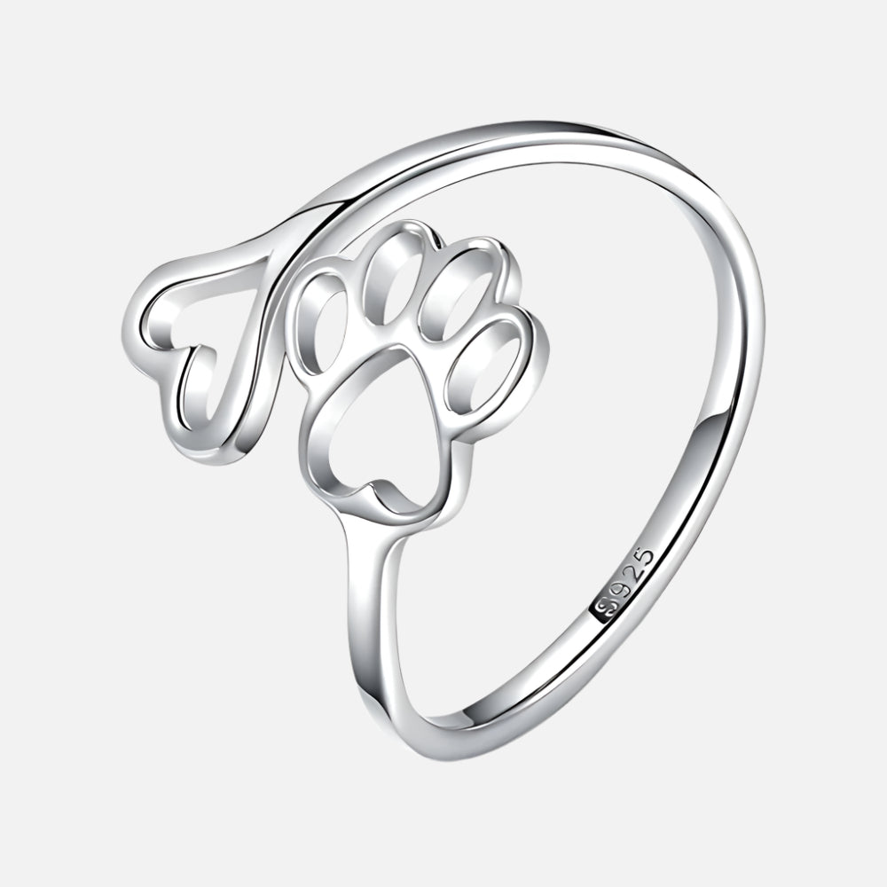 Bague en forme de patte et de cœur faite à la main – ajustable en argent sterling 925