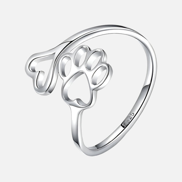 Bague en forme de patte et de cœur faite à la main – ajustable en argent sterling 925