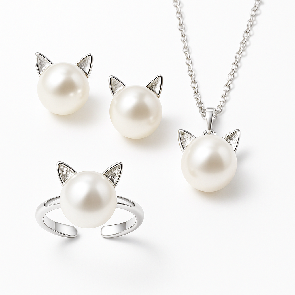 Jolie collier de chat en perles avec boucles d'oreilles et bague en bonus