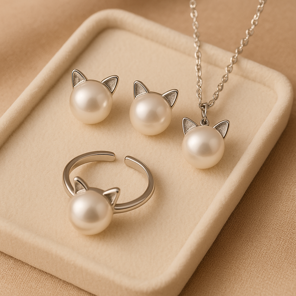 Jolie collier de chat en perles avec boucles d'oreilles et bague en bonus