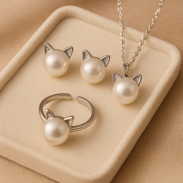 Jolie collier de chat en perles avec boucles d'oreilles et bague en bonus