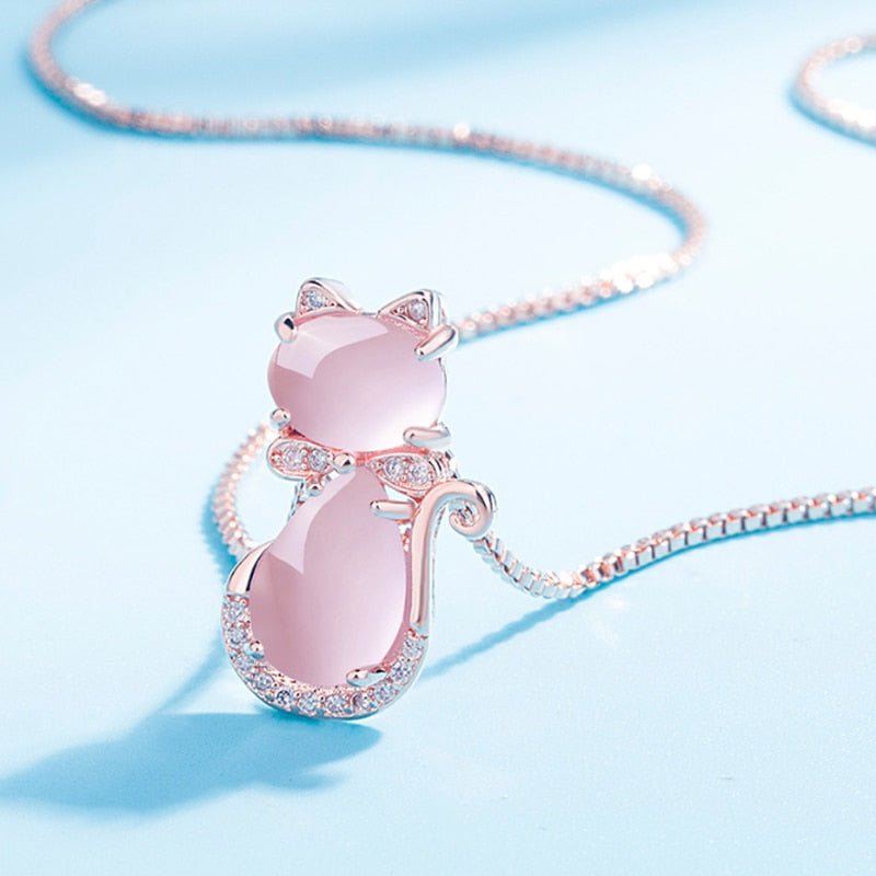 Collier de chat charmant en pierre rose avec zircon