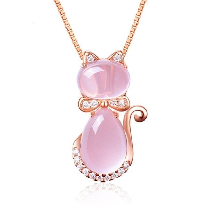 Collier de chat charmant en pierre rose avec zircon
