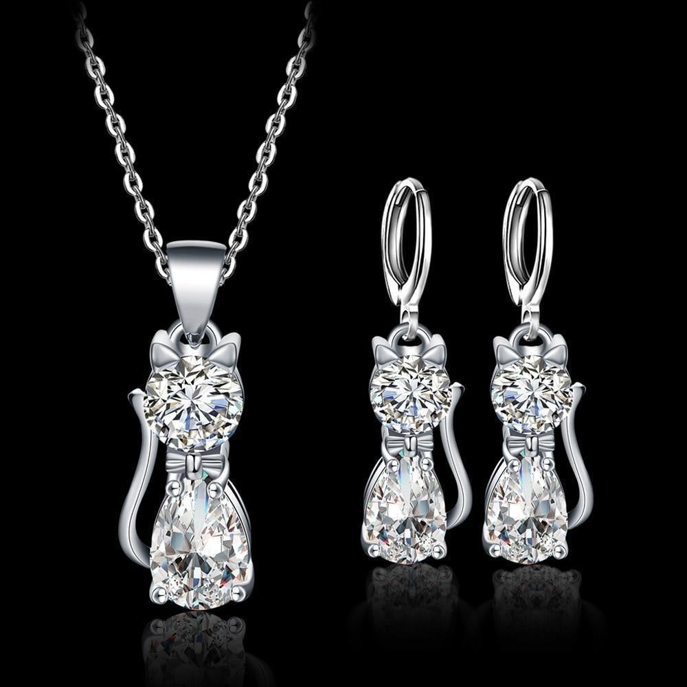 Ensemble collier et boucles d'oreilles chat joyeux en argent sterling et zircon blanc