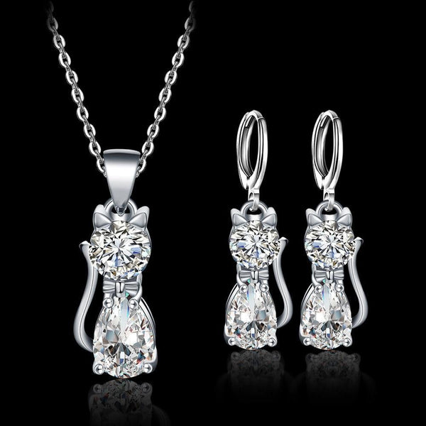 Ensemble collier et boucles d'oreilles chat joyeux en argent sterling et zircon blanc