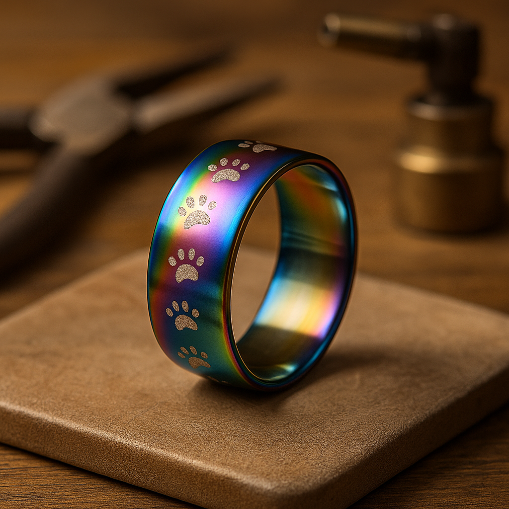 Bague en acier inoxydable en forme d'empreinte de patte arc-en-ciel faite à la main