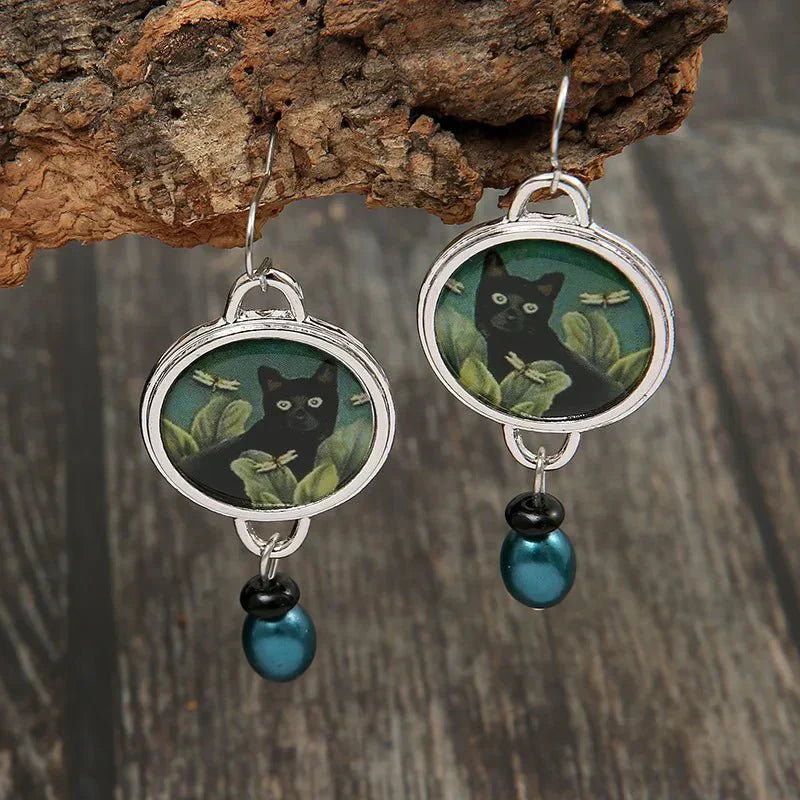 Boucles d'oreilles pendentif chat noir vintage tropical