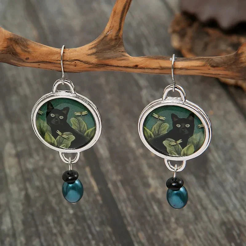 Boucles d'oreilles pendentif chat noir vintage tropical