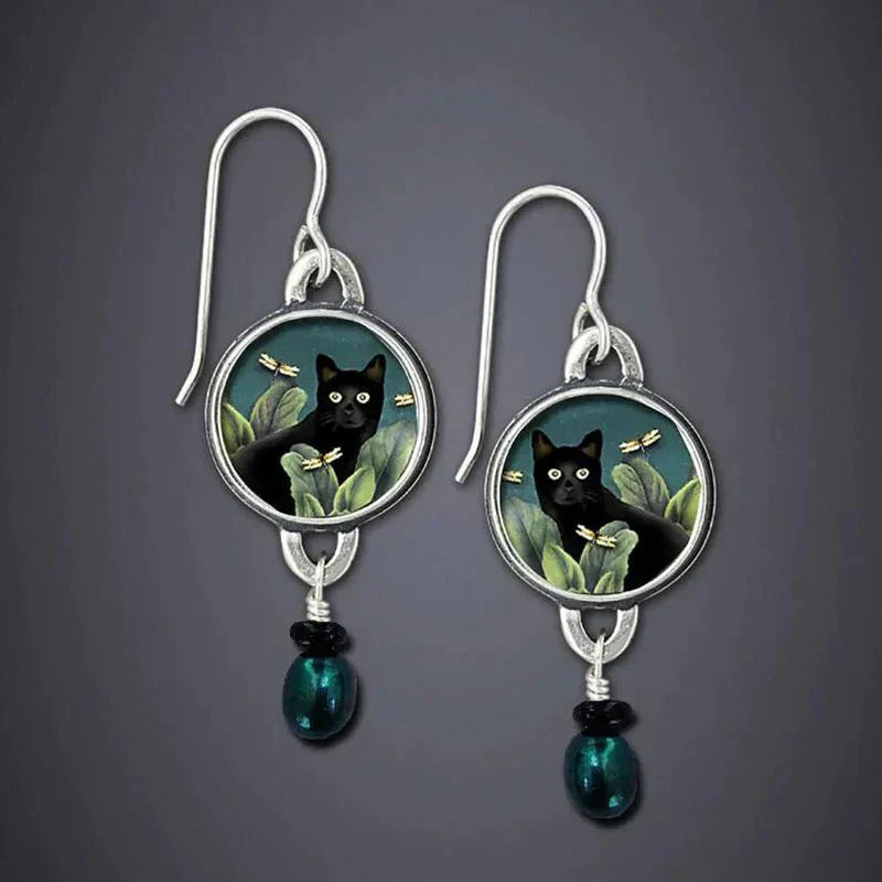 Boucles d'oreilles pendentif chat noir vintage tropical