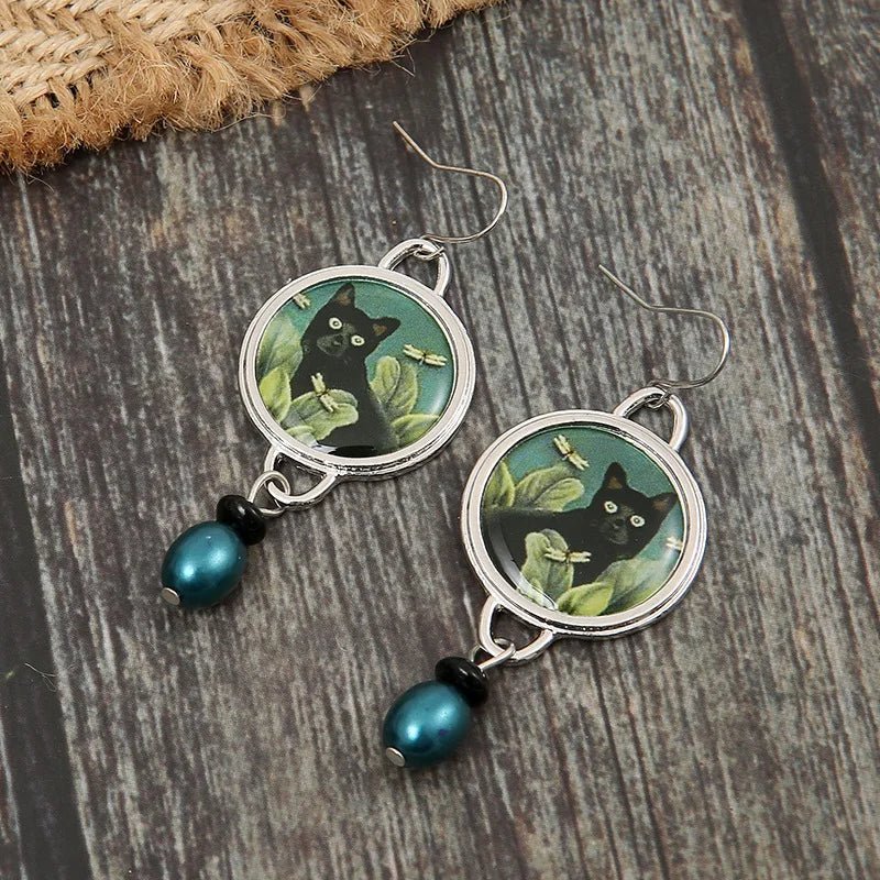 Boucles d'oreilles pendentif chat noir vintage tropical