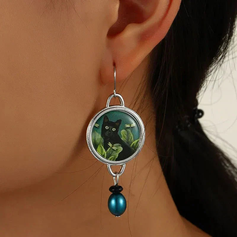 Boucles d'oreilles pendentif chat noir vintage tropical
