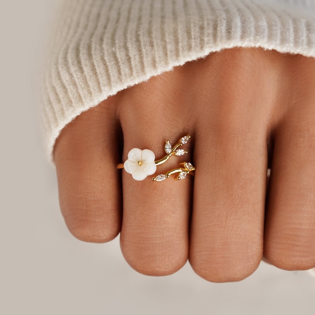 Bague Ouverte Florale et Feuille en Or