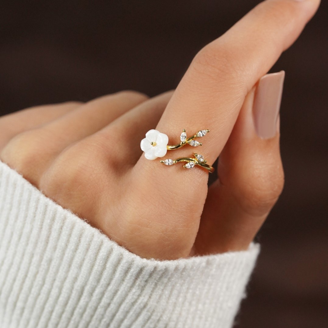 Bague Ouverte Florale et Feuille en Or