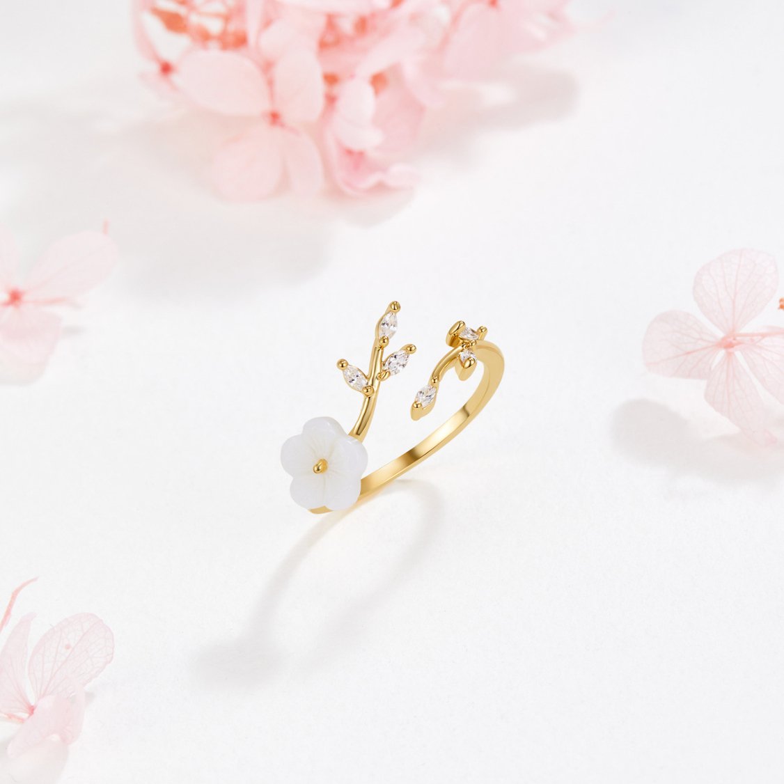 Bague Ouverte Florale et Feuille en Or