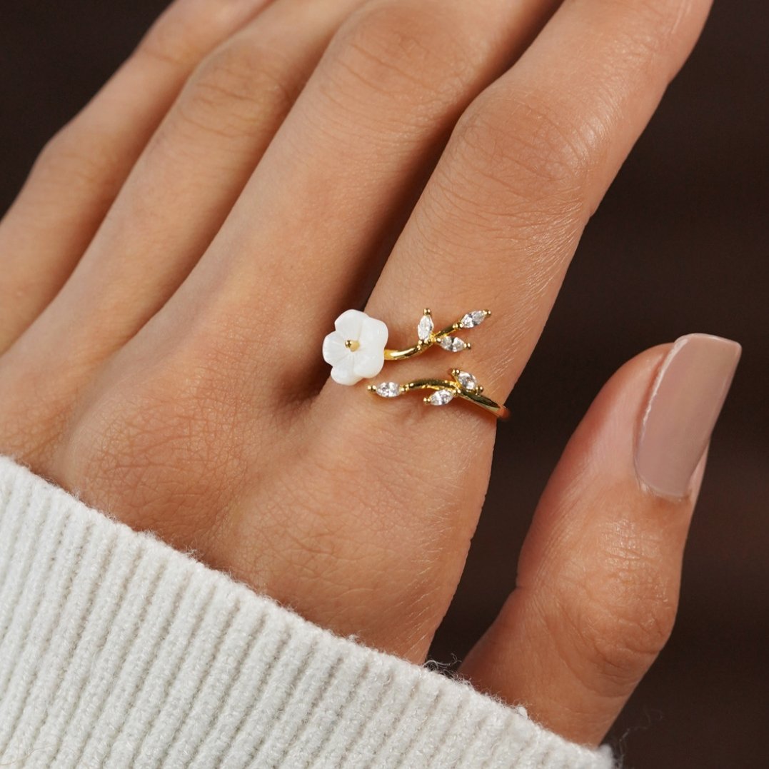 Bague Ouverte Florale et Feuille en Or