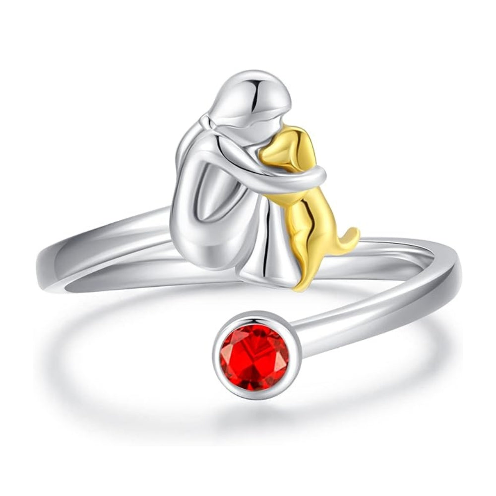 Bague en argent sterling chien et fille – ajustable et symbolique