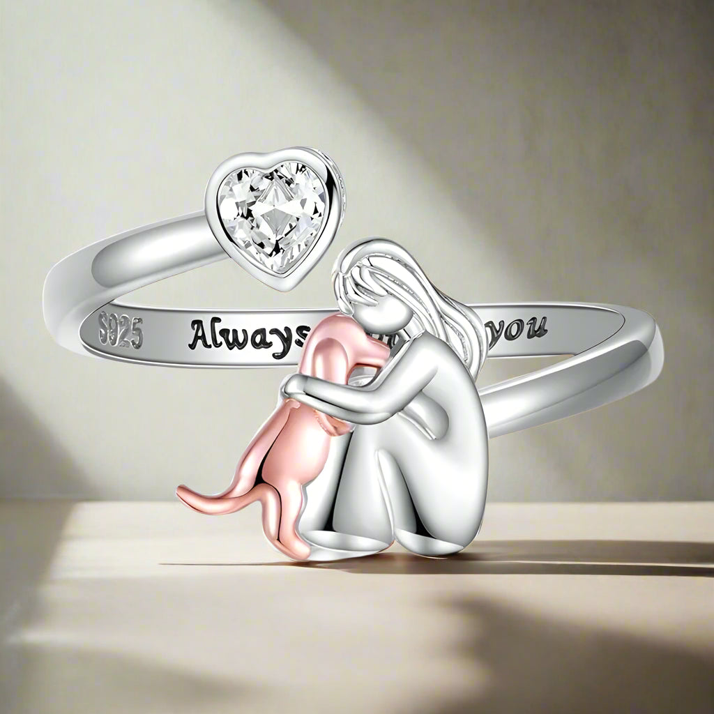 Bague ajustable pour chien en argent sterling 925 toujours dans mon cœur avec zirconia